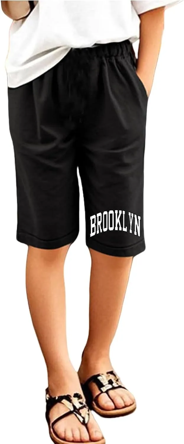 Toddler Girls Shorts Kids Letter Print High Waisted Drawstring Bermuda Shorts Knee Length Linen Summer 2025 Casual Short