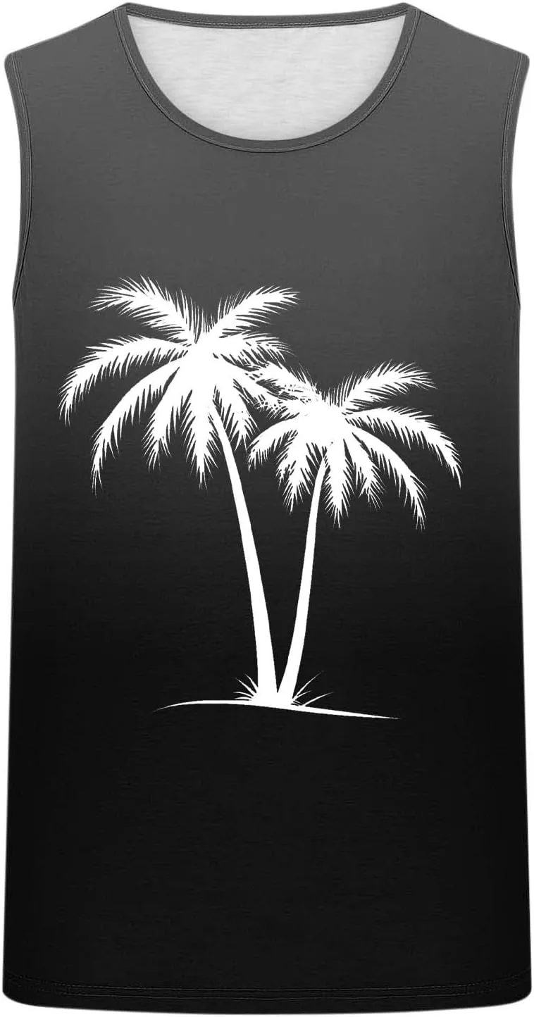 Uillui Men's Graphic T-Shirts Palm Tree Beach Shirts Summer Gym Workout Sleeveless Muscle Tank Tops Casual Cotton Tank Tops