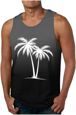 Uillui Men's Graphic T-Shirts Palm Tree Beach Shirts Summer Gym Workout Sleeveless Muscle Tank Tops Casual Cotton Tank Tops