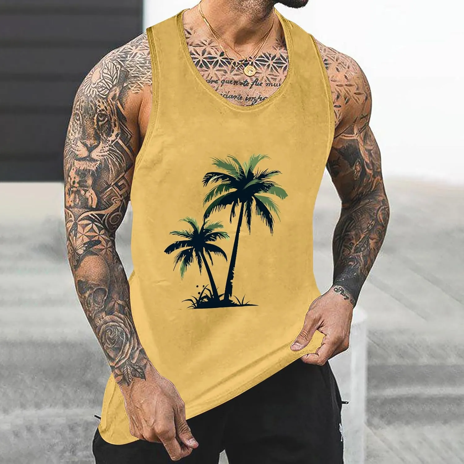 Uillui Mens Graphic Tank Tops Loose Fit Sleeveless Workout Gym Muscle Shirts Graphic T-Shirts Beach Hawaiian Palm Tree Shirt