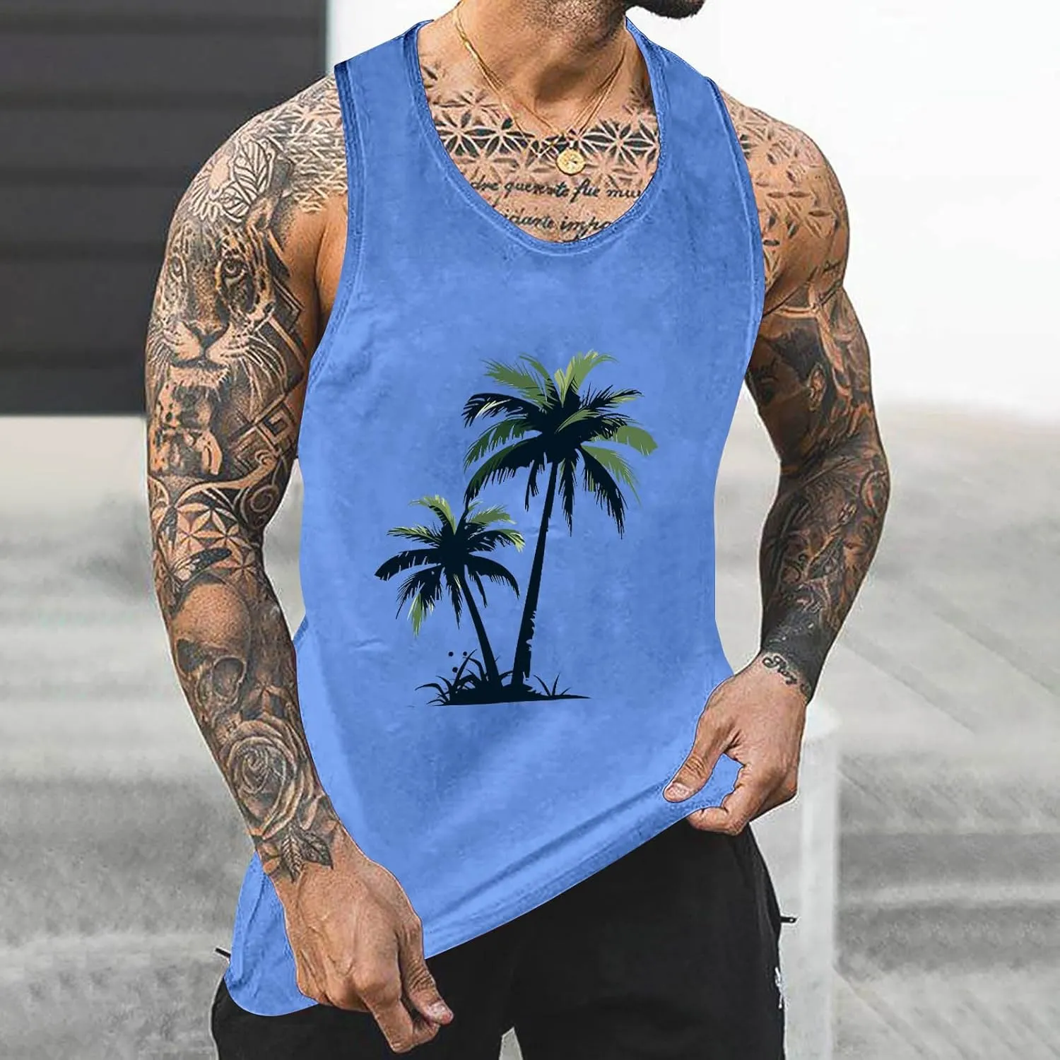 Uillui Mens Graphic Tank Tops Loose Fit Sleeveless Workout Gym Muscle Shirts Graphic T-Shirts Beach Hawaiian Palm Tree Shirt