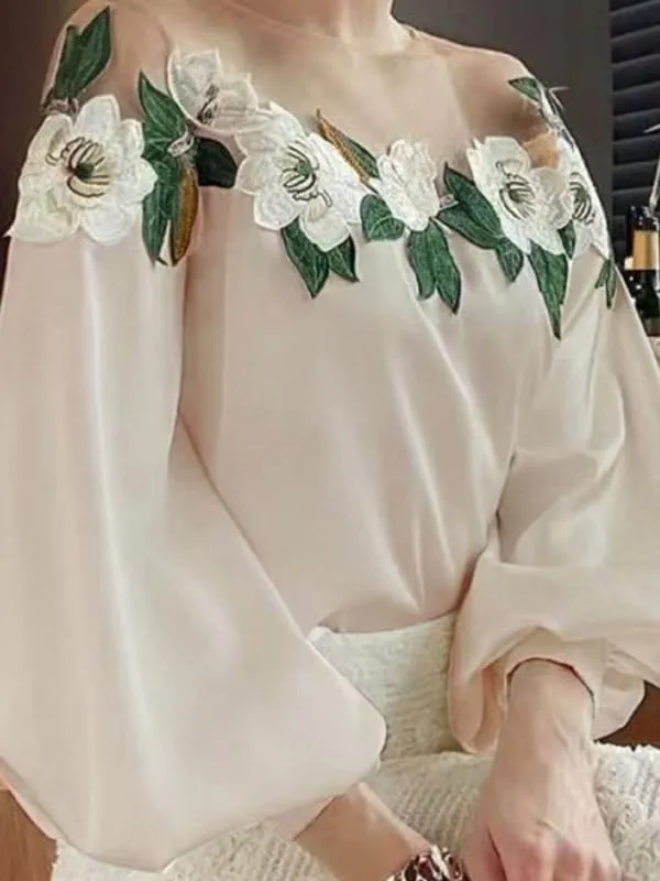 UOOZEE Women's Sheer Mesh Crew Neck Blouse Floral Embroidery Trendy Long Sleeve Going Out Shirts