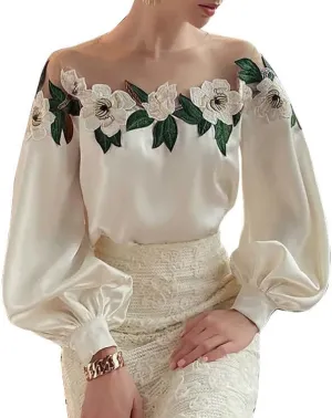 UOOZEE Women's Sheer Mesh Crew Neck Blouse Floral Embroidery Trendy Long Sleeve Going Out Shirts