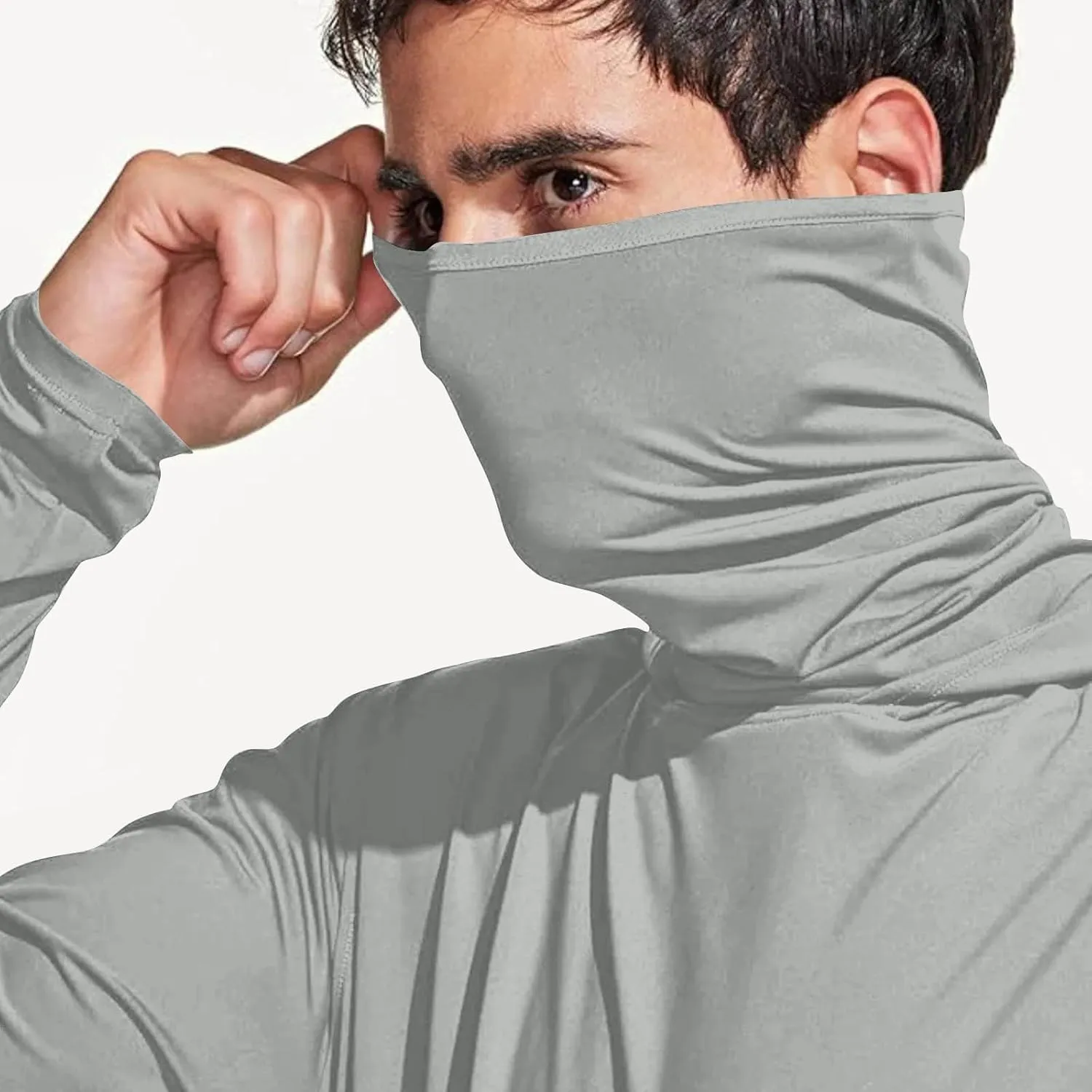 UPF 50  Shirts for Men Long Sleeve UV Sun Protection Rash Guard Fishing Shirts Lightweight Sun Hoodies with Face Mask