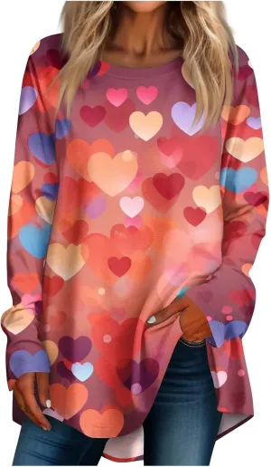 Valentines Day Tshirts Women Long Sleeve Crewneck Loose Fit Heart Tops Soft Comfy Holiday Graphic Tees