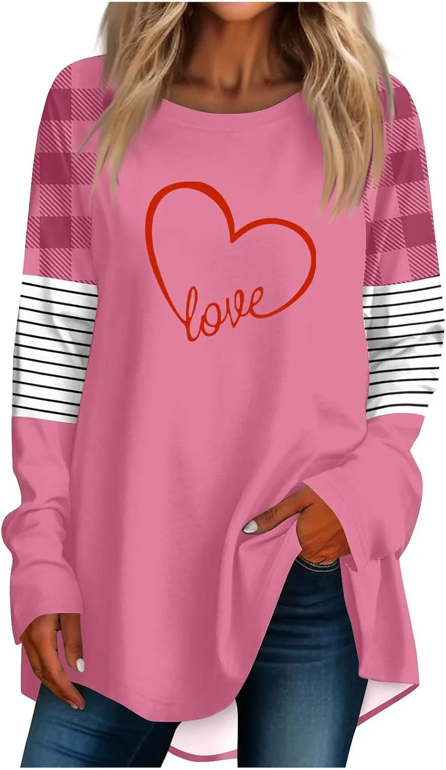 Valentines Day Tshirts Women Long Sleeve Crewneck Loose Fit Heart Tops Soft Comfy Holiday Graphic Tees