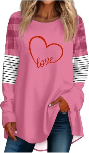 Valentines Day Tshirts Women Long Sleeve Crewneck Loose Fit Heart Tops Soft Comfy Holiday Graphic Tees