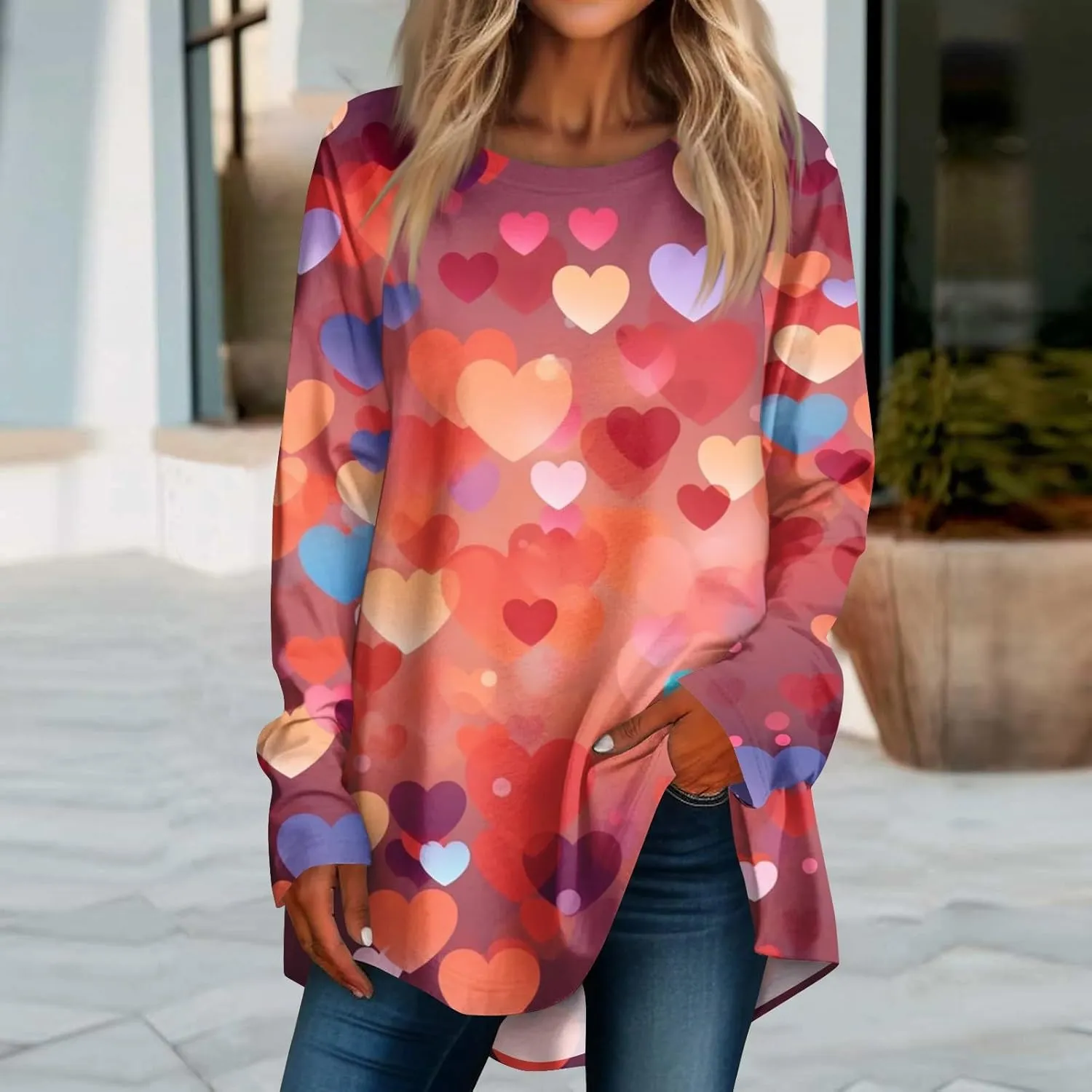 Valentines Day Tshirts Women Long Sleeve Crewneck Loose Fit Heart Tops Soft Comfy Holiday Graphic Tees