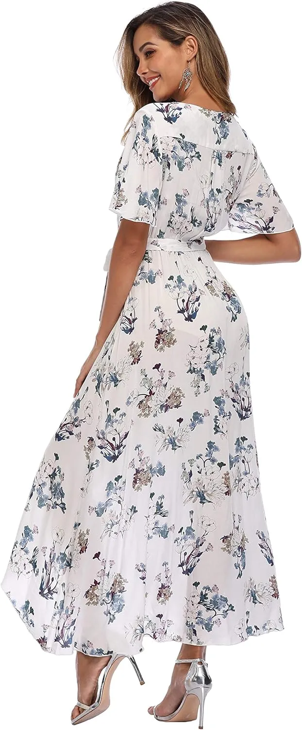 VintageClothing Women's Wrap V Neck Floral Summer Dresses High Low Maxi Casual