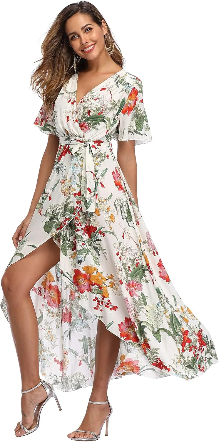 VintageClothing Women's Wrap V Neck Floral Summer Dresses High Low Maxi Casual