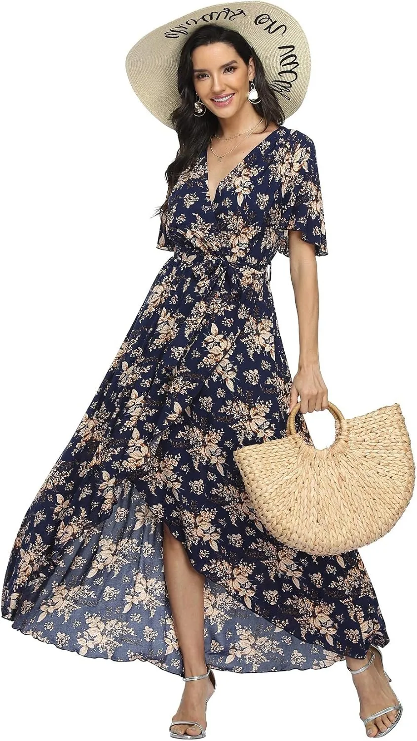 VintageClothing Women's Wrap V Neck Floral Summer Dresses High Low Maxi Casual