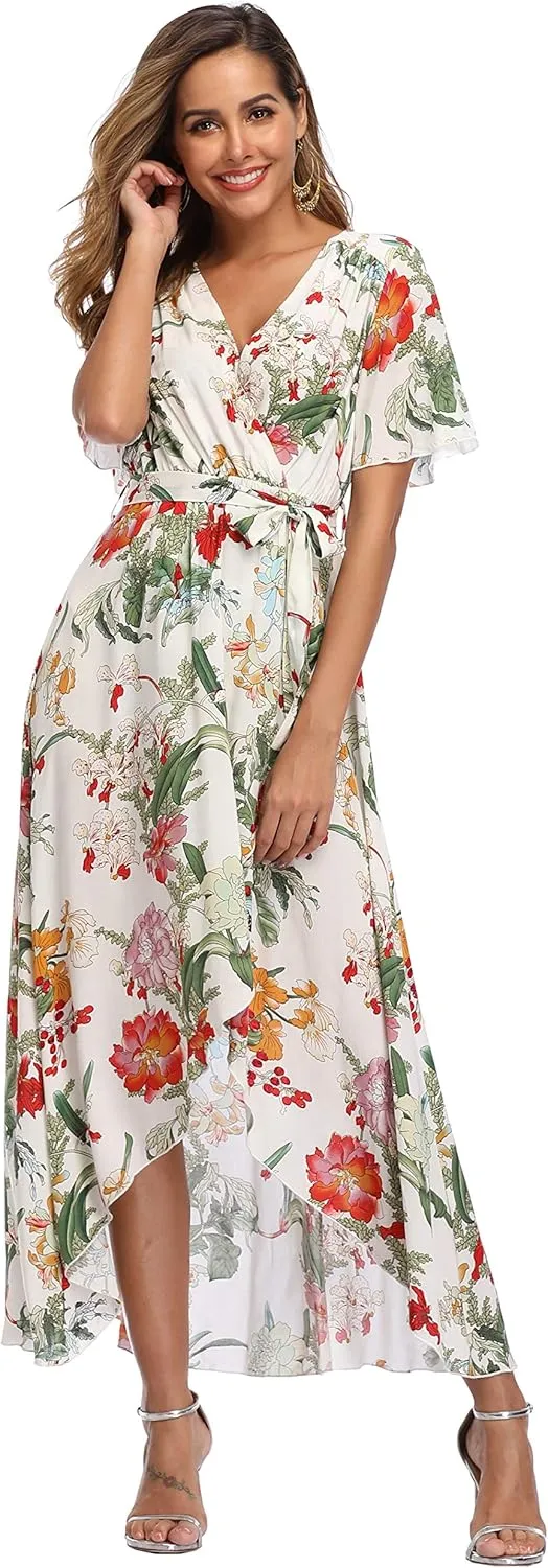 VintageClothing Women's Wrap V Neck Floral Summer Dresses High Low Maxi Casual