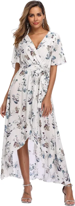 VintageClothing Women's Wrap V Neck Floral Summer Dresses High Low Maxi Casual