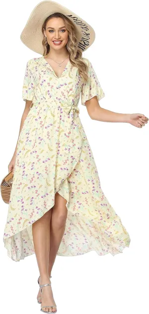 VintageClothing Women's Wrap V Neck Floral Summer Dresses High Low Maxi Casual