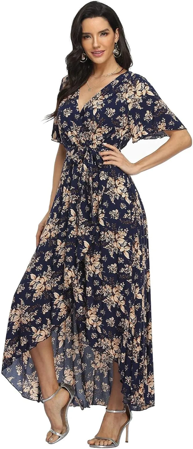 VintageClothing Women's Wrap V Neck Floral Summer Dresses High Low Maxi Casual