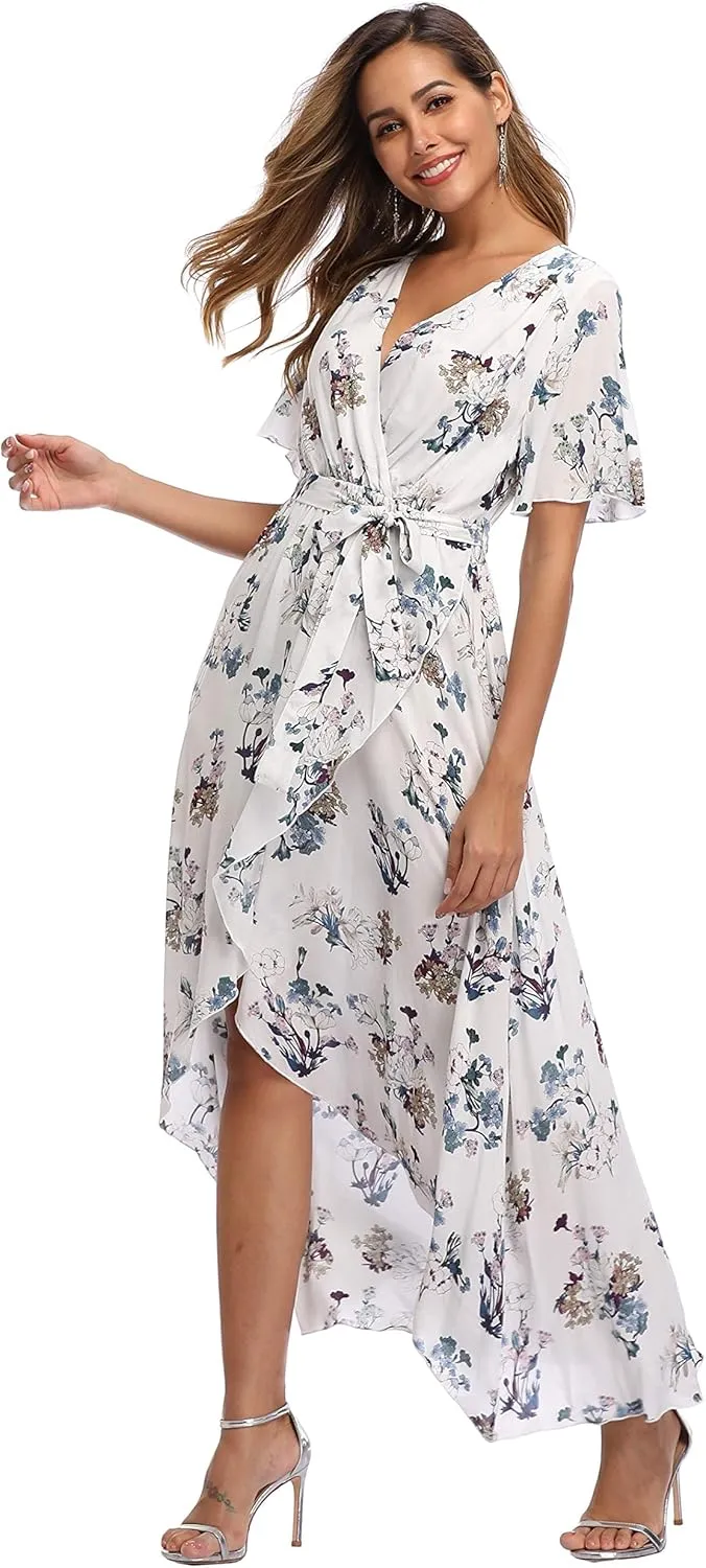 VintageClothing Women's Wrap V Neck Floral Summer Dresses High Low Maxi Casual