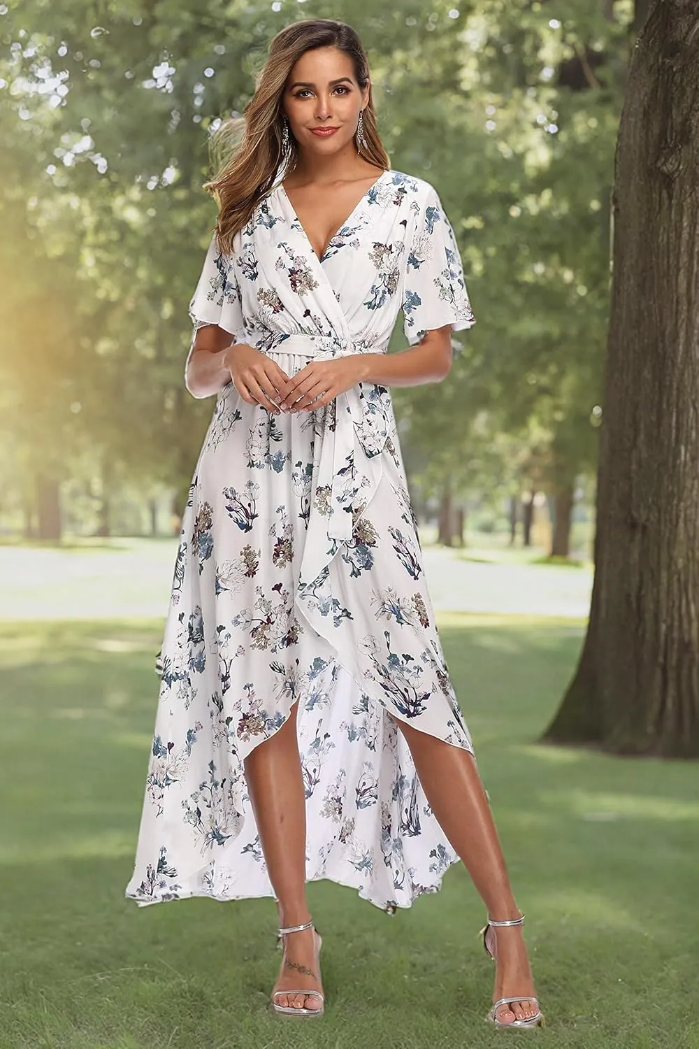 VintageClothing Women's Wrap V Neck Floral Summer Dresses High Low Maxi Casual