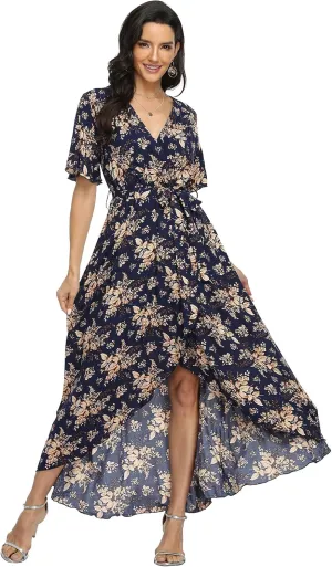 VintageClothing Women's Wrap V Neck Floral Summer Dresses High Low Maxi Casual