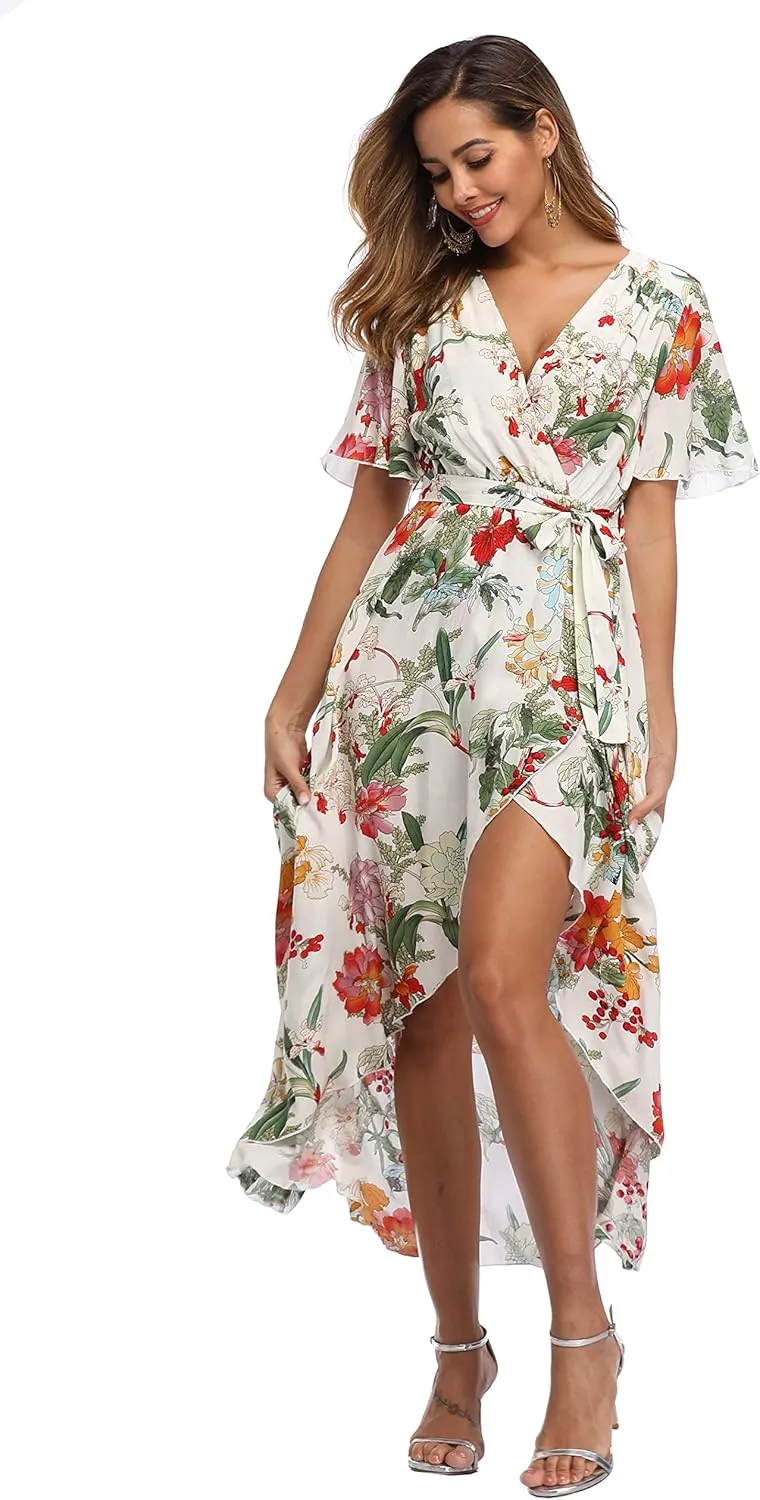 VintageClothing Women's Wrap V Neck Floral Summer Dresses High Low Maxi Casual