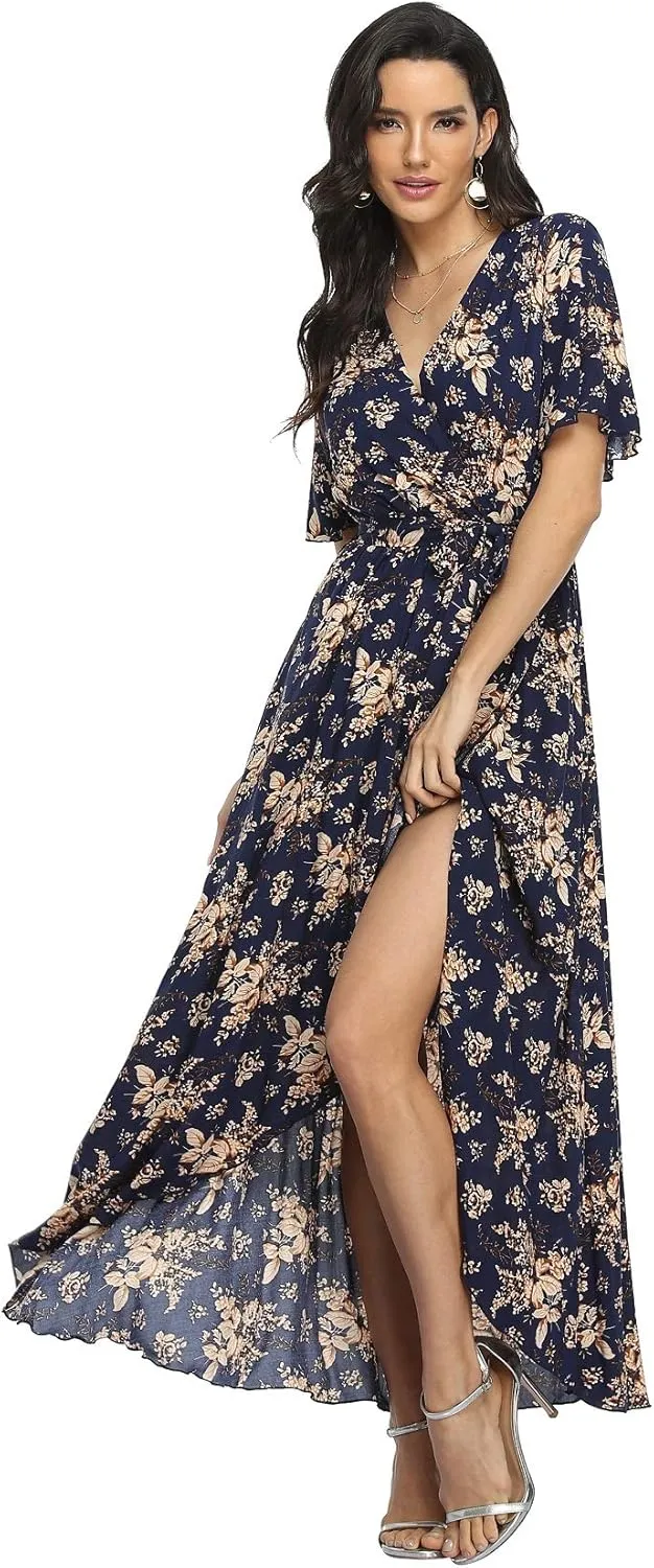 VintageClothing Women's Wrap V Neck Floral Summer Dresses High Low Maxi Casual