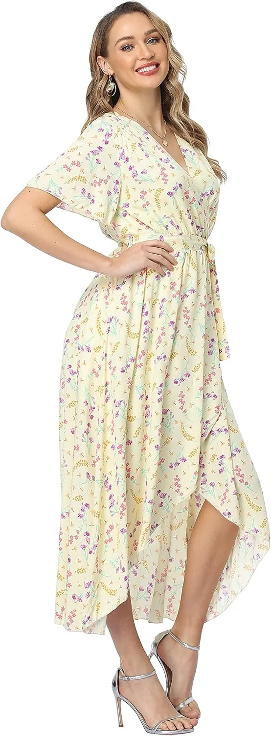 VintageClothing Women's Wrap V Neck Floral Summer Dresses High Low Maxi Casual