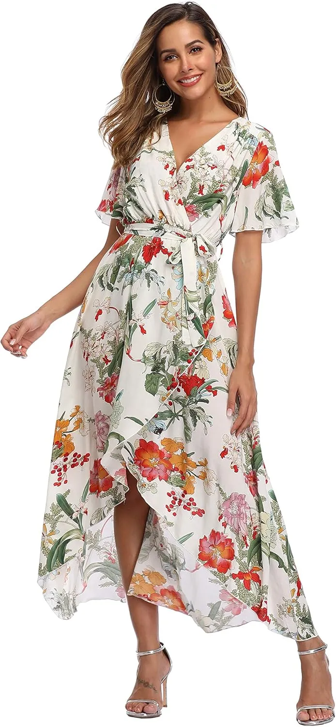 VintageClothing Women's Wrap V Neck Floral Summer Dresses High Low Maxi Casual