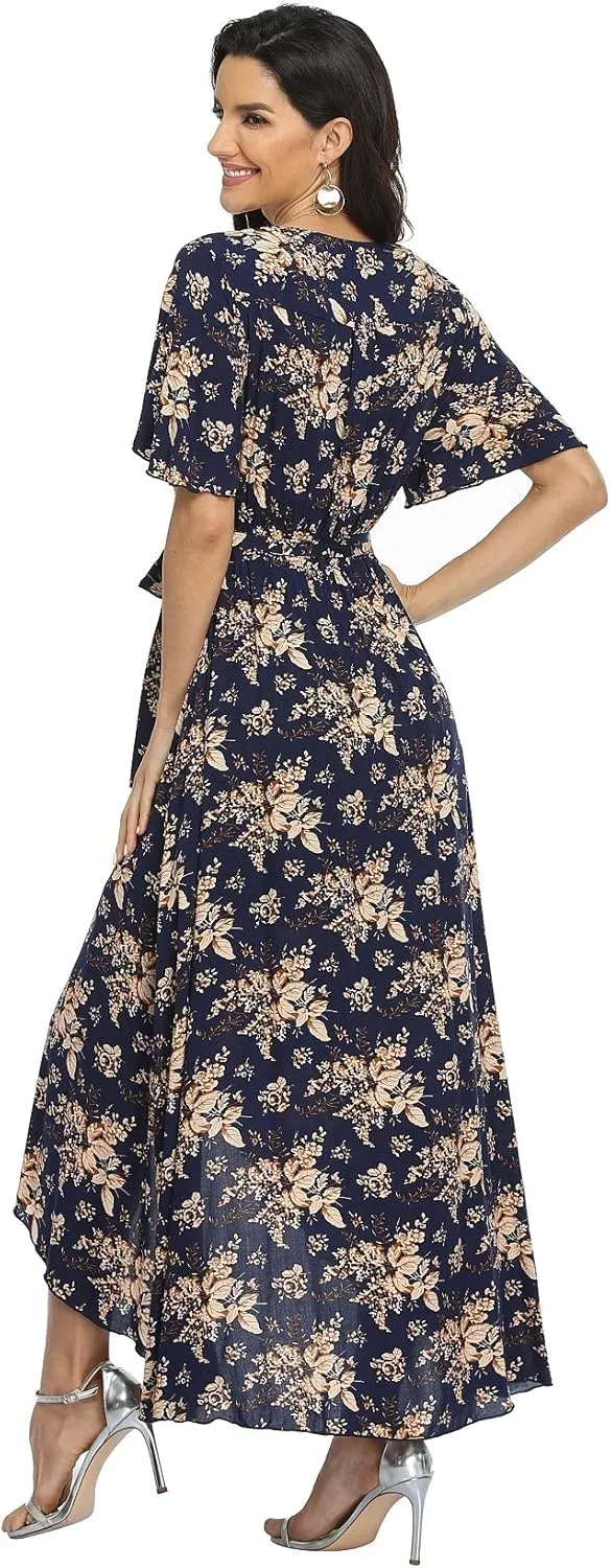 VintageClothing Women's Wrap V Neck Floral Summer Dresses High Low Maxi Casual