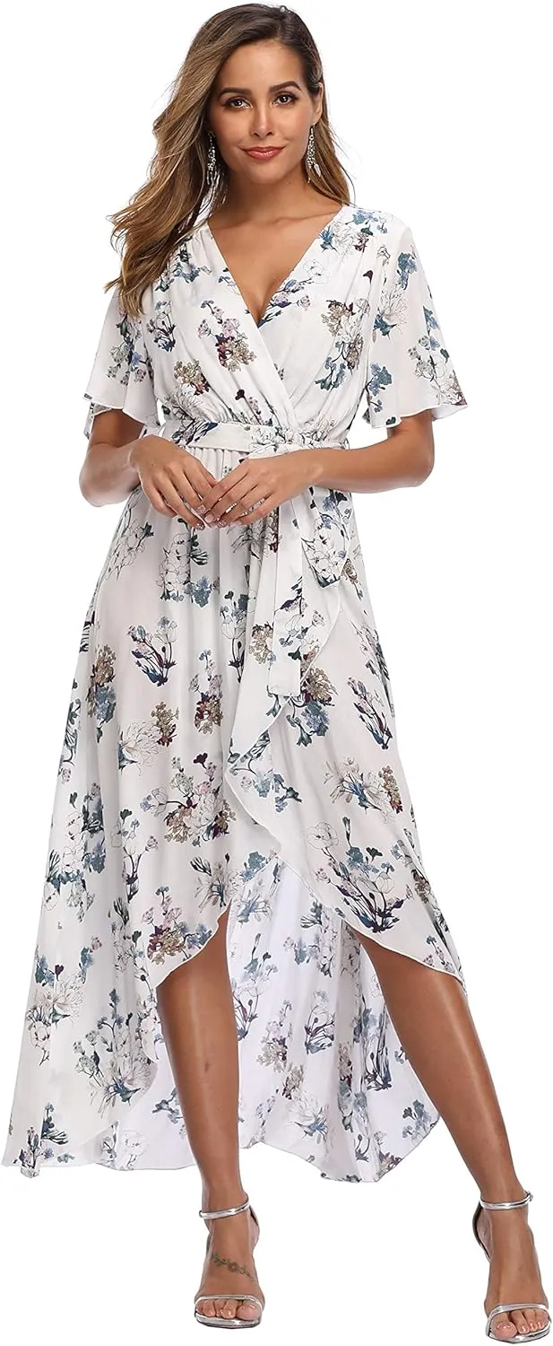 VintageClothing Women's Wrap V Neck Floral Summer Dresses High Low Maxi Casual
