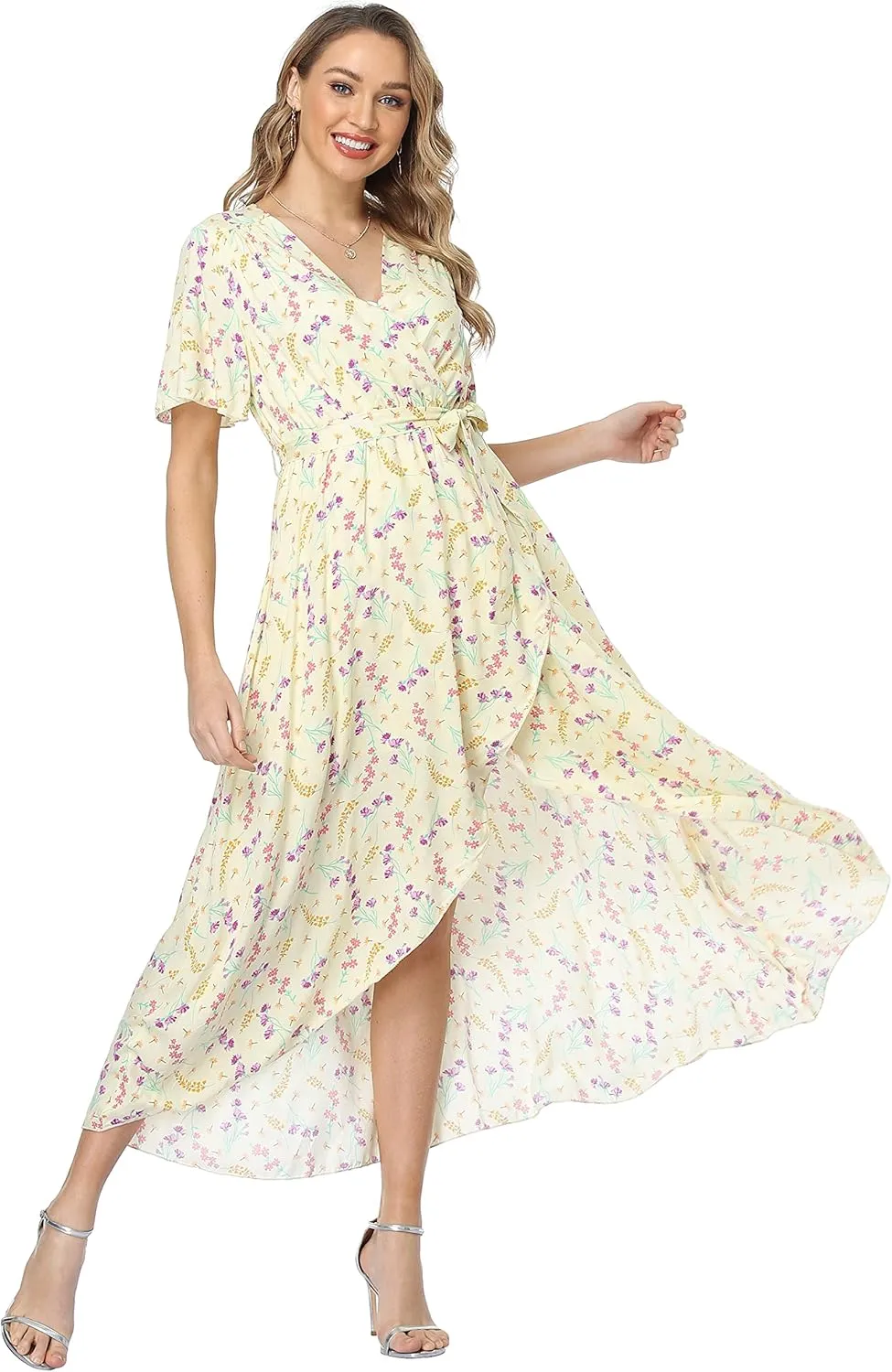 VintageClothing Women's Wrap V Neck Floral Summer Dresses High Low Maxi Casual