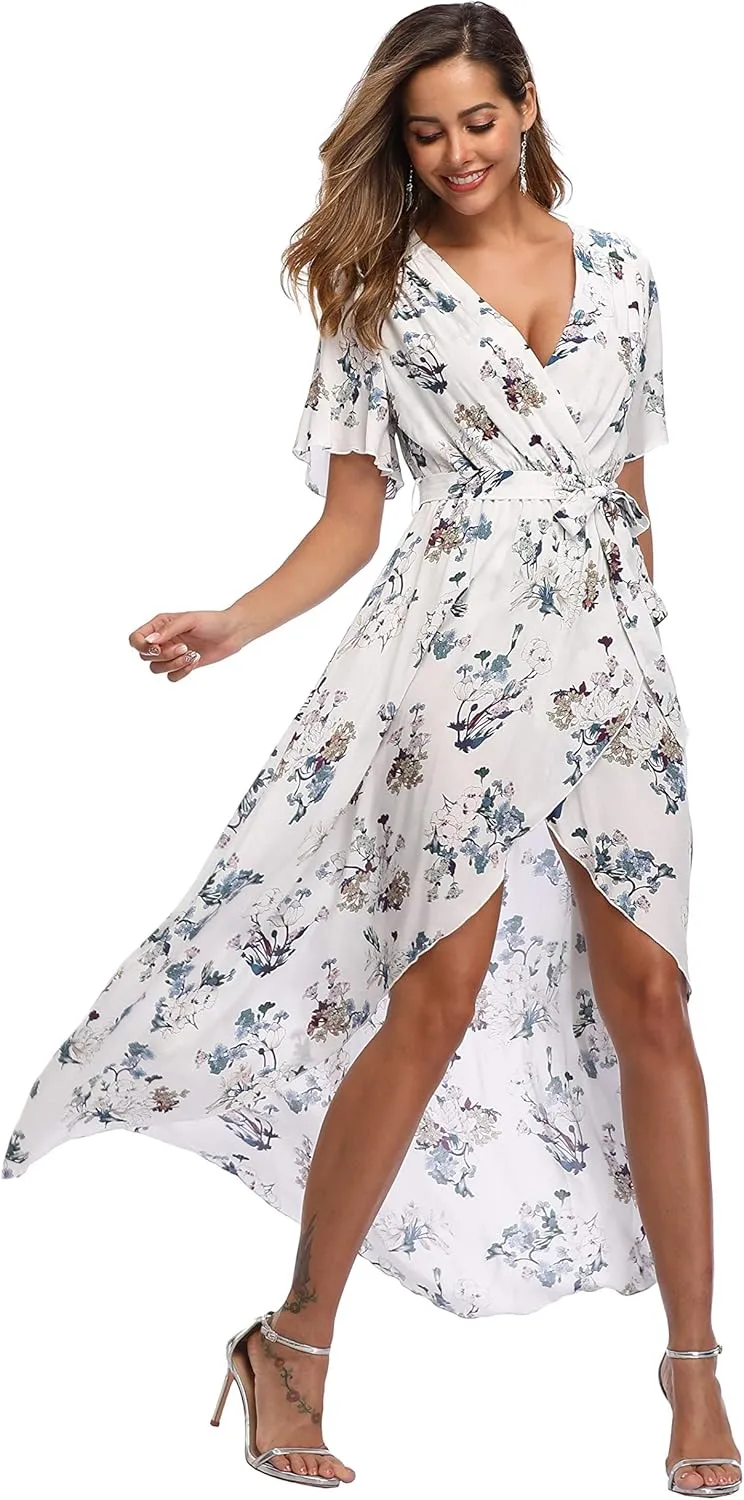 VintageClothing Women's Wrap V Neck Floral Summer Dresses High Low Maxi Casual