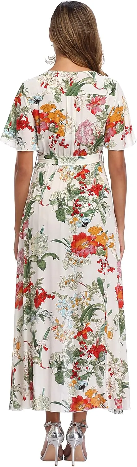 VintageClothing Women's Wrap V Neck Floral Summer Dresses High Low Maxi Casual