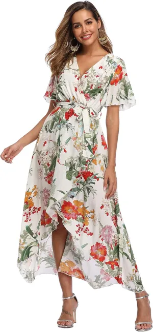 VintageClothing Women's Wrap V Neck Floral Summer Dresses High Low Maxi Casual
