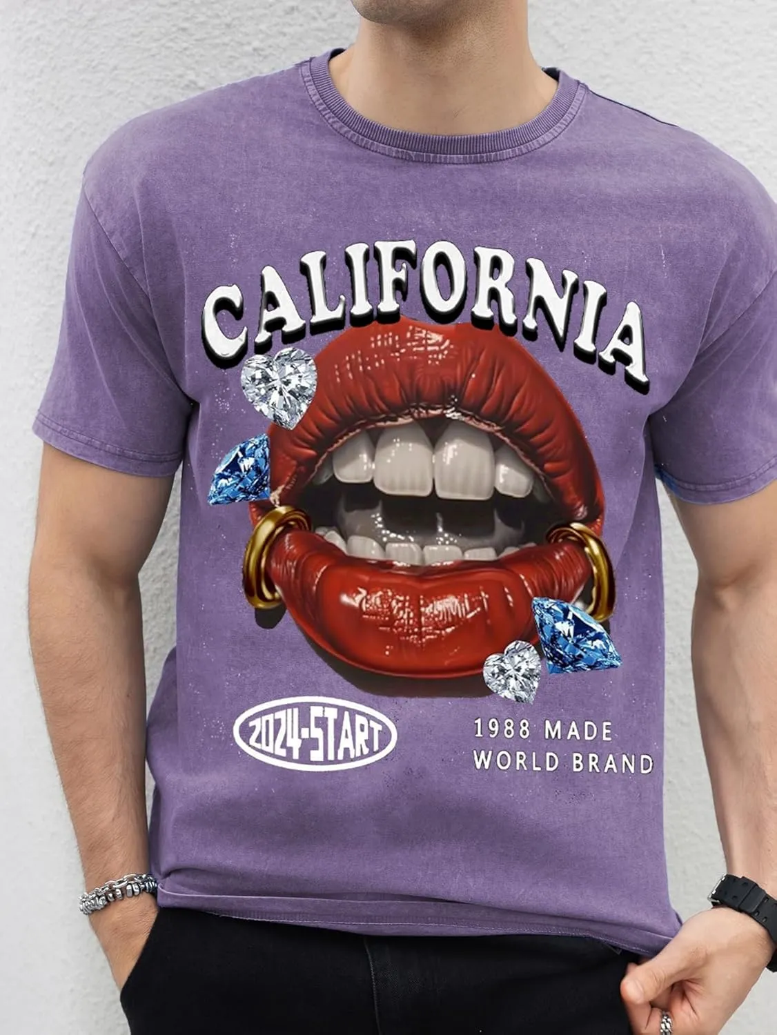 WDIRARA Men's Y2k Lip Graphic Print Tees Vintage Hipster Hip Hop Crew Neck T-Shirt Streetwear Top