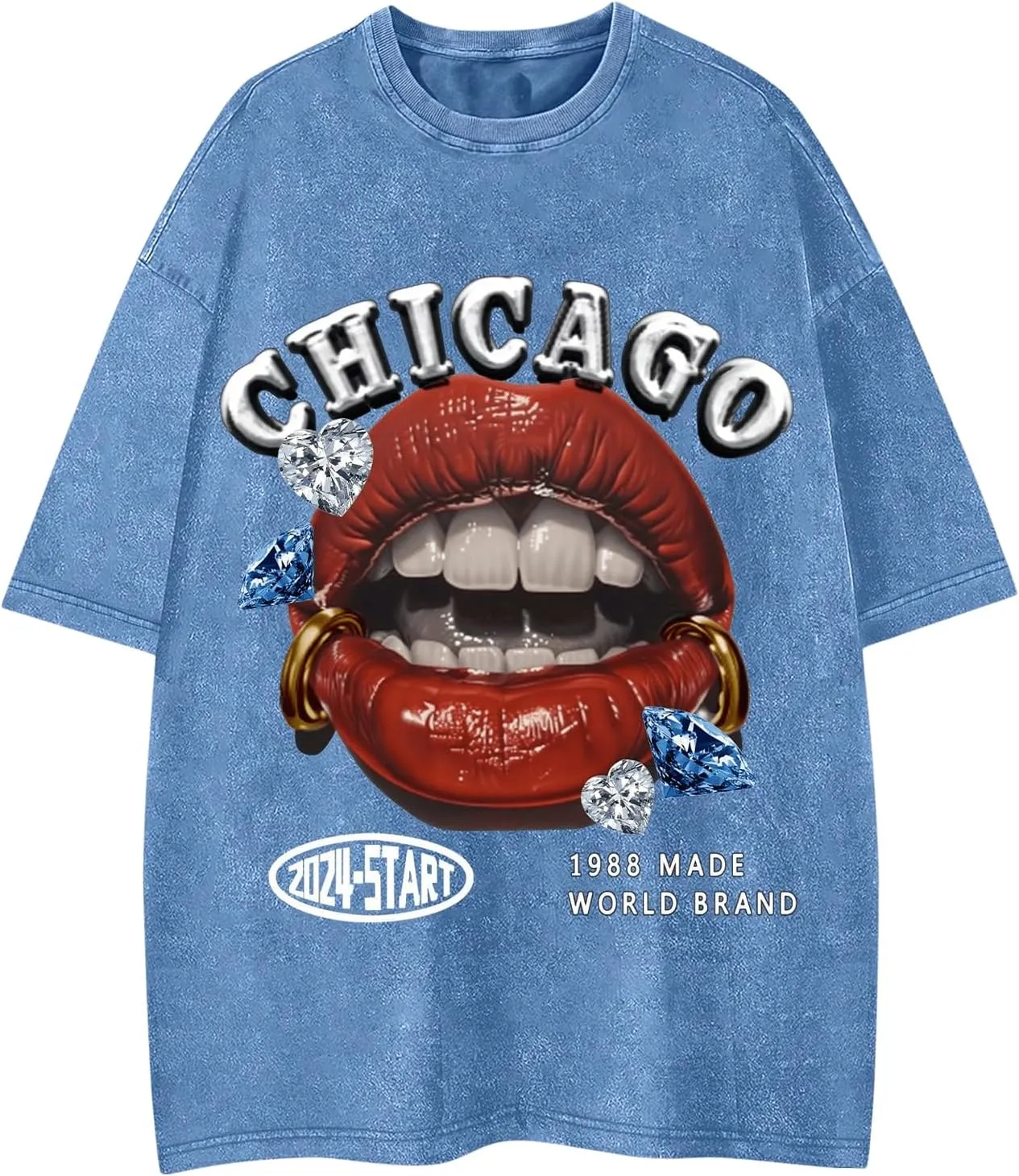 WDIRARA Men's Y2k Lip Graphic Print Tees Vintage Hipster Hip Hop Crew Neck T-Shirt Streetwear Top