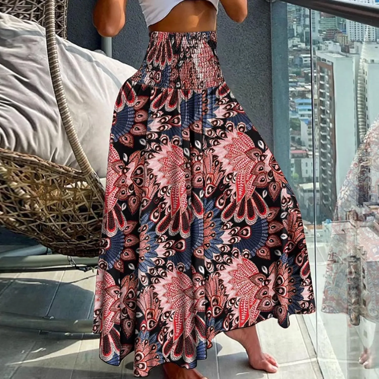 Women 2024 Summer Spring Floral Ethnic Long Skirts Casual Elastic High Waist Pleated Swing A Line Boho Beach Maxi Skirt