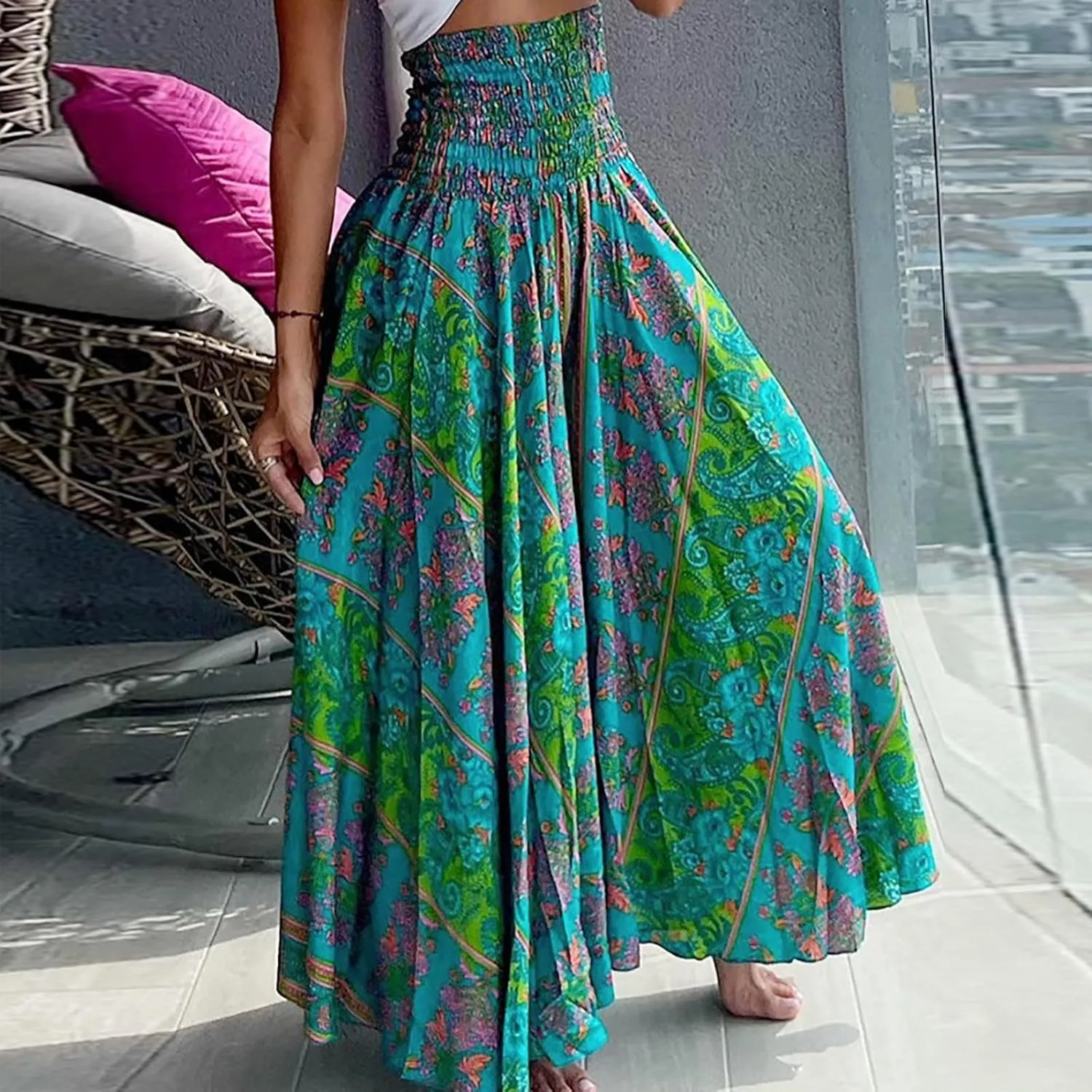 Women 2024 Summer Spring Floral Ethnic Long Skirts Casual Elastic High Waist Pleated Swing A Line Boho Beach Maxi Skirt
