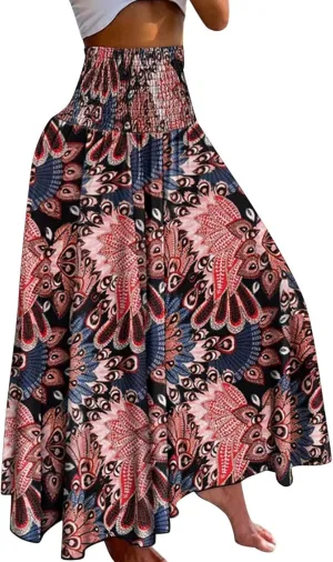 Women 2024 Summer Spring Floral Ethnic Long Skirts Casual Elastic High Waist Pleated Swing A Line Boho Beach Maxi Skirt