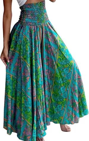 Women 2024 Summer Spring Floral Ethnic Long Skirts Casual Elastic High Waist Pleated Swing A Line Boho Beach Maxi Skirt