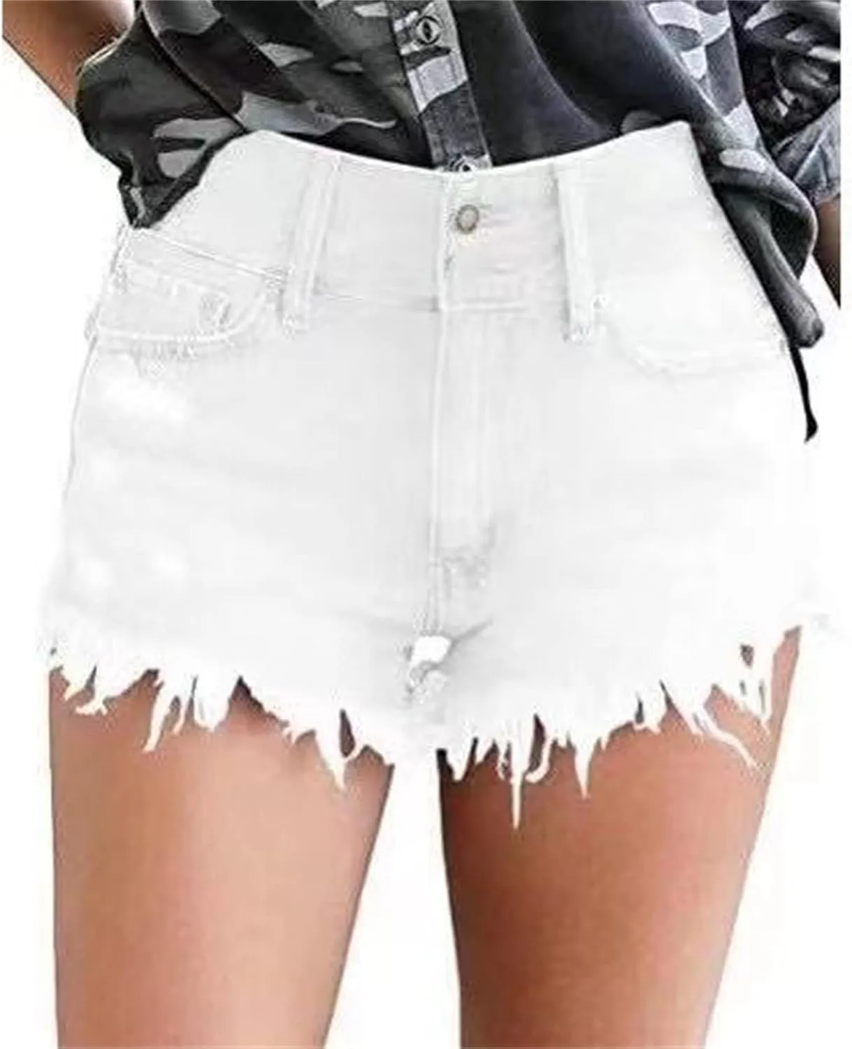 Women Casual High Waisted Denim Shorts Frayed Raw Hem Ripped Jeans Shorts Stretchy Hot Denim Shorts for Summer