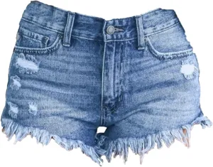 Women Casual High Waisted Denim Shorts Frayed Raw Hem Ripped Jeans Shorts Stretchy Hot Denim Shorts for Summer