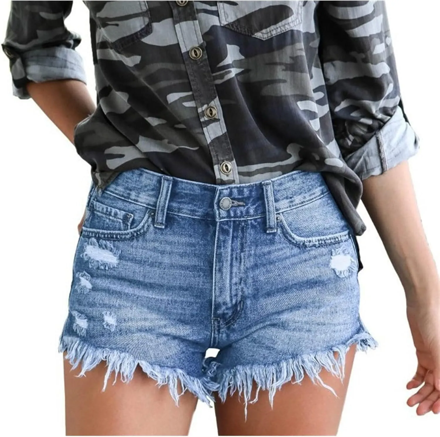 Women Casual High Waisted Denim Shorts Frayed Raw Hem Ripped Jeans Shorts Stretchy Hot Denim Shorts for Summer