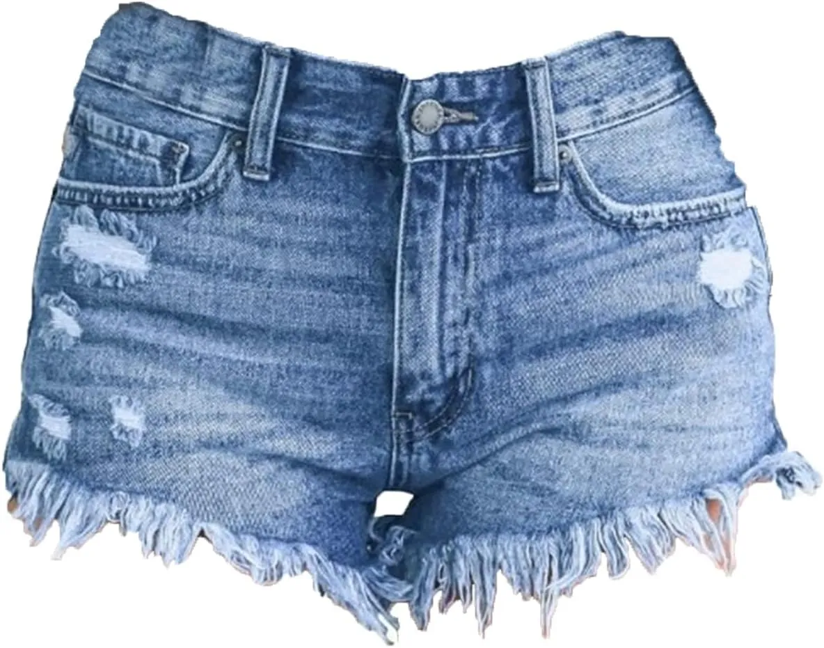 Women Casual High Waisted Denim Shorts Frayed Raw Hem Ripped Jeans Shorts Stretchy Hot Denim Shorts for Summer