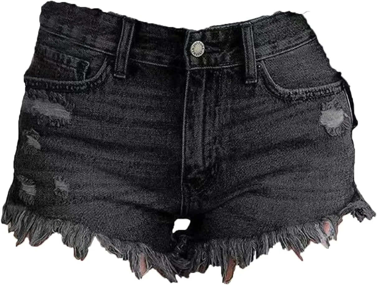 Women Casual High Waisted Denim Shorts Frayed Raw Hem Ripped Jeans Shorts Stretchy Hot Denim Shorts for Summer
