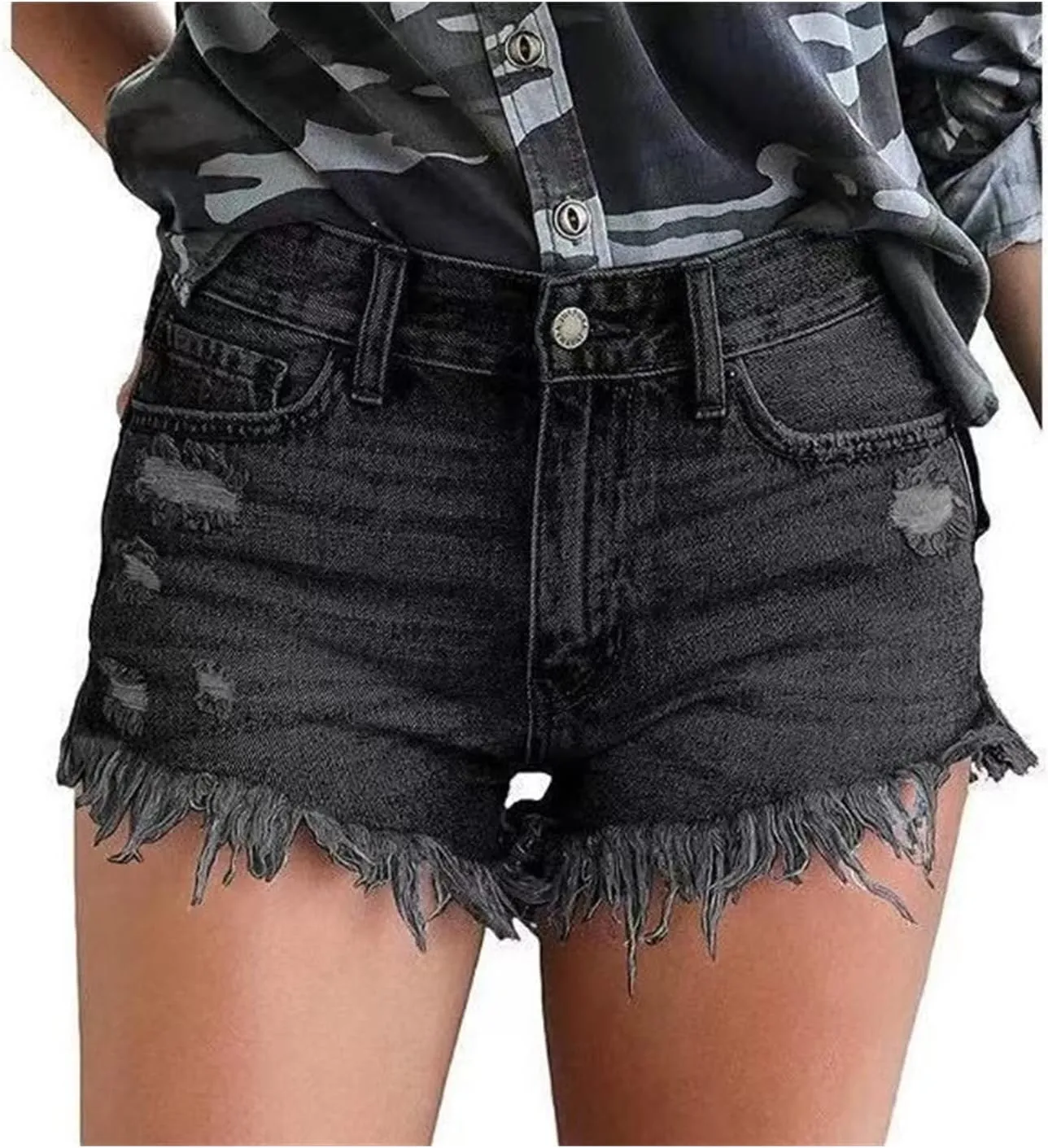 Women Casual High Waisted Denim Shorts Frayed Raw Hem Ripped Jeans Shorts Stretchy Hot Denim Shorts for Summer