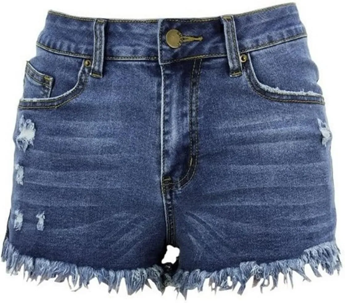 Women Casual High Waisted Denim Shorts Frayed Raw Hem Ripped Jeans Shorts Stretchy Hot Denim Shorts for Summer