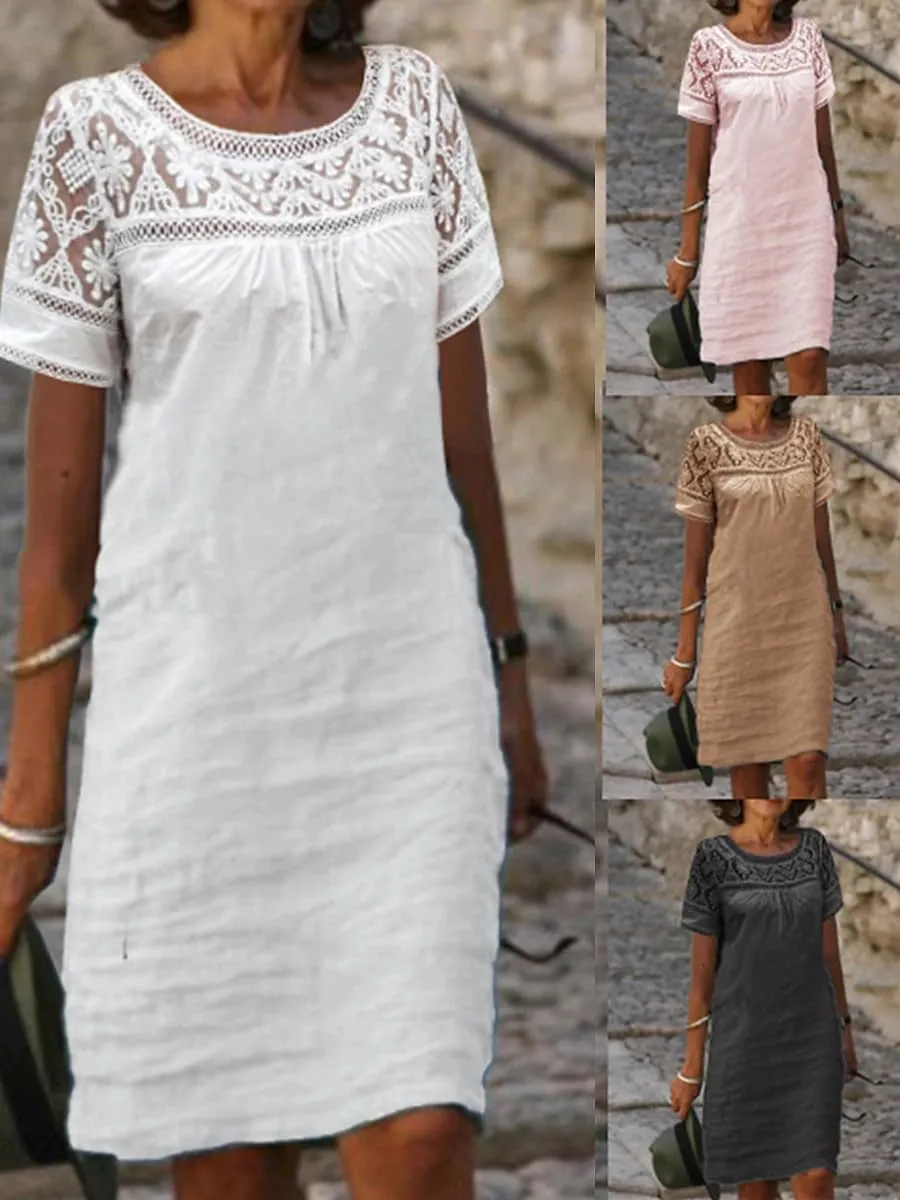 Women Casual Short Sleeve Boho Lace Loose Midi Dress Cotton Linen Crewneck Mesh Summer Flowy Beach Shift Dress 2024