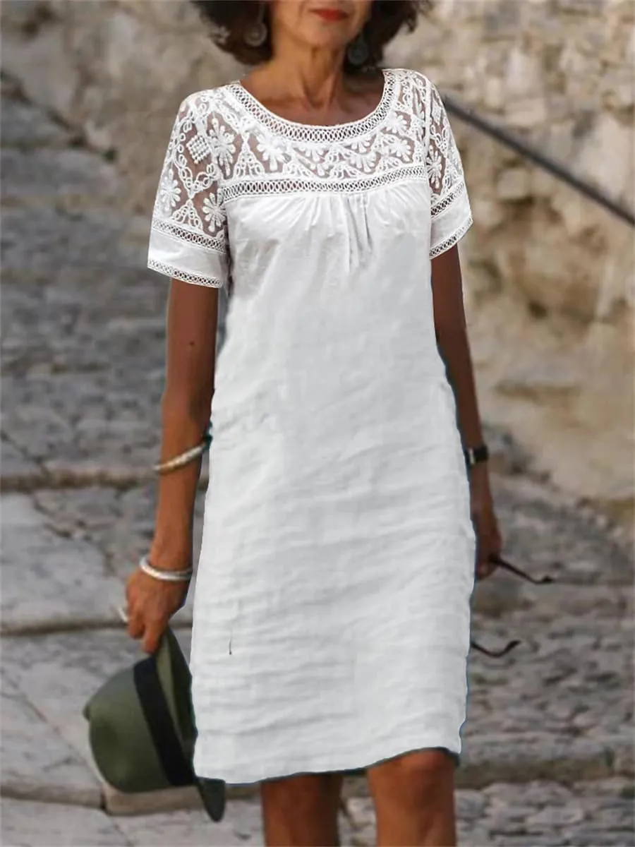 Women Casual Short Sleeve Boho Lace Loose Midi Dress Cotton Linen Crewneck Mesh Summer Flowy Beach Shift Dress 2024