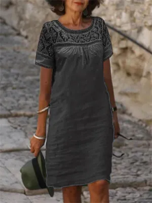 Women Casual Short Sleeve Boho Lace Loose Midi Dress Cotton Linen Crewneck Mesh Summer Flowy Beach Shift Dress 2024