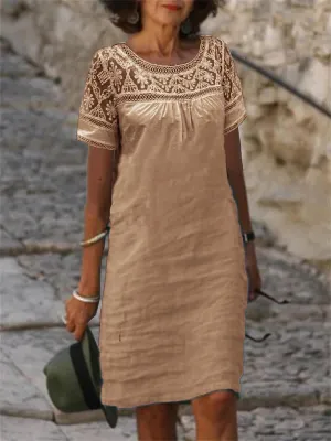 Women Casual Short Sleeve Boho Lace Loose Midi Dress Cotton Linen Crewneck Mesh Summer Flowy Beach Shift Dress 2024