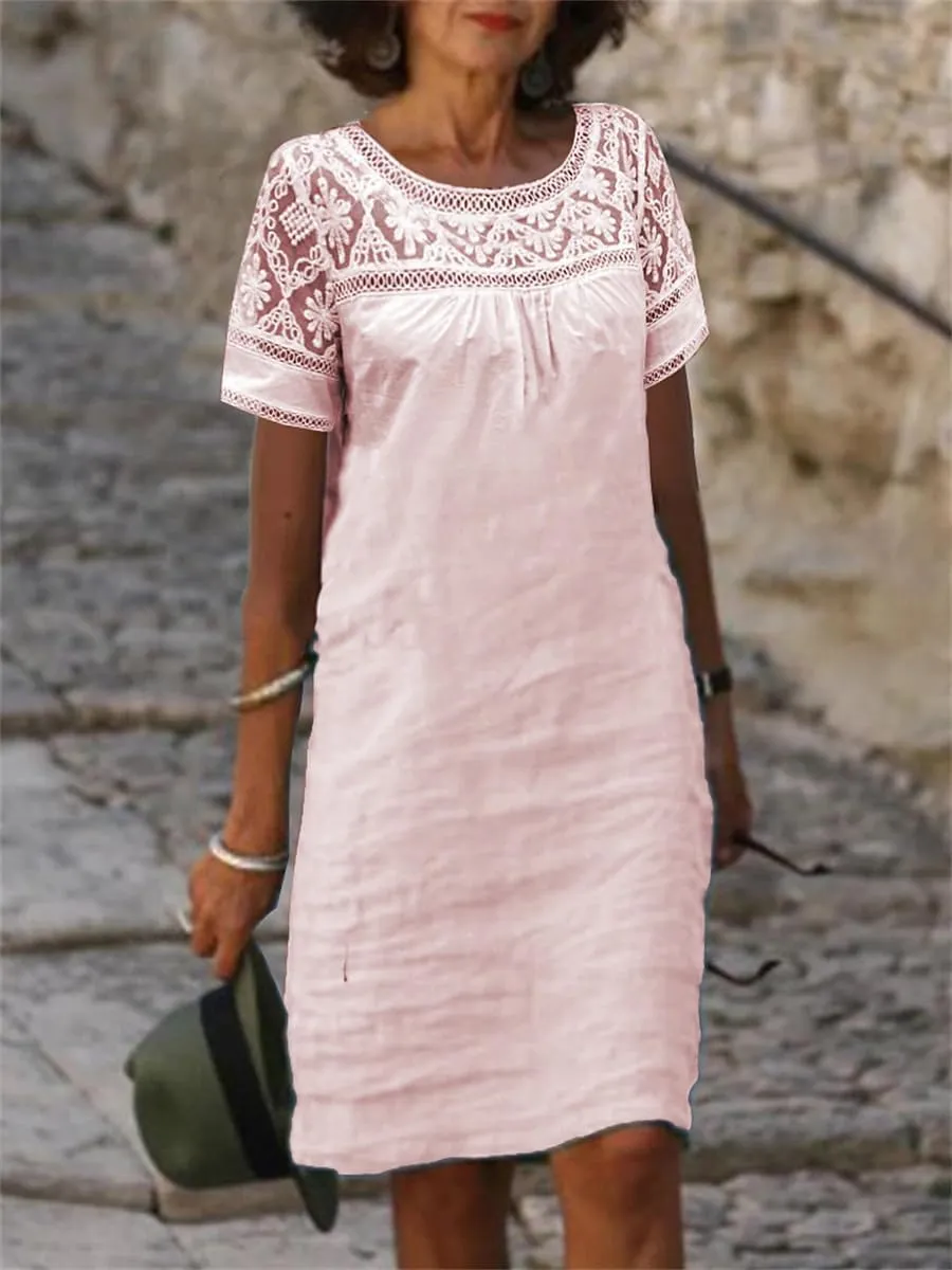 Women Casual Short Sleeve Boho Lace Loose Midi Dress Cotton Linen Crewneck Mesh Summer Flowy Beach Shift Dress 2024